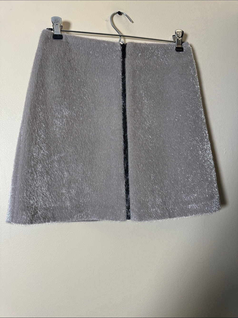 TopShop Light Gray Faux-Fur Mini Skirt with Center Black Trim